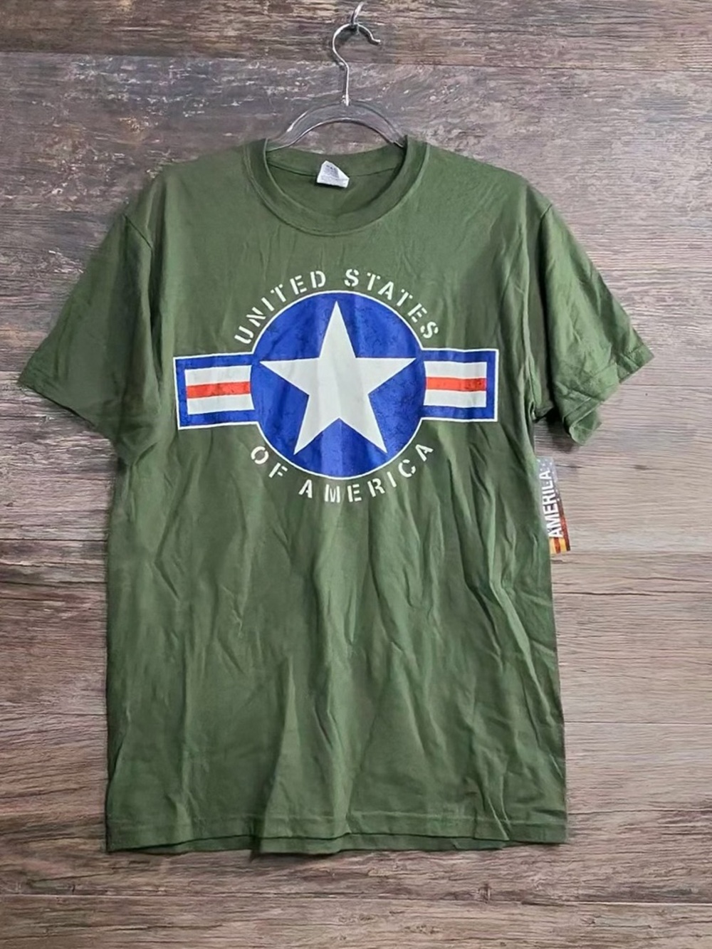 Jerzees Olive Green United States Star Graphic Tee with Blue Emblem